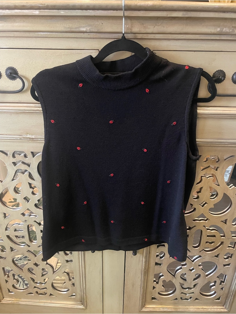 St John Sport Sleeveless Mock Neck Women's Top in Black with Red Strawberries